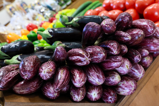 Fresh eggplants in the greek grocery shop.