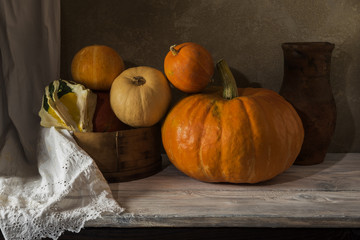 Harvest pumpkin on the table.