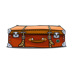 Red suitcase with leather buckles. Design of travel bags isolated on white background.