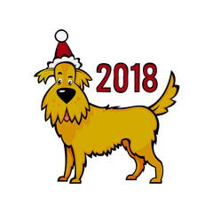 Yellow earthen dog in the New Year's cap. Symbol of 2018 on the eastern calendar isolated on white background. A faithful animal.