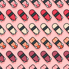 Seamless pattern. Sushi icons. Kawaii sushi and nigiri on a pink background.