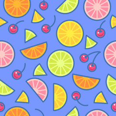 Seamless pattern. Pieces of oranges, limes, lemons and cherries on a blue background.