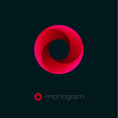 Vortex logo. Red letter emblem. O monogram. Dynamic swirl. 