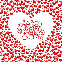 Holiday gift card with hand lettering All you need is Love and hearts