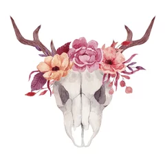 Stickers pour porte Boho Crânes d& 39 aquarelle avec des fleurs