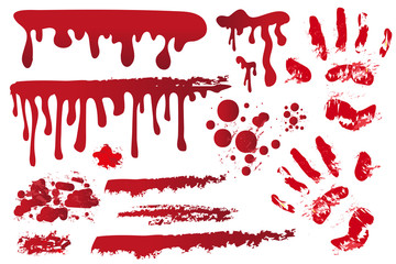 Set realistic bloody streaks. Handprint in the blood. Red splashes, spray, stains. Drops, drippings of bloodstains Isolated on white background. Halloween Concept.  Vector illustration - obrazy, fototapety, plakaty