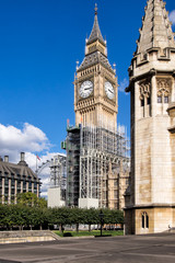 Fototapeta na wymiar Big Ben, houses of Parliament UK, with scaffolding. Maintenance due to last 4 years. 