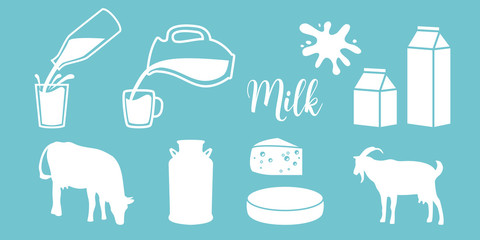 Cow silhouette,  diary,  cheese,  goat,  milk can,  bottle,  jar on blue background. Flat. Concept idea for diary,  shop - obrazy, fototapety, plakaty