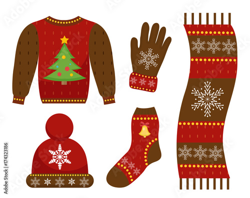 winter warm clothes icon set flat style christmas clothing apparel