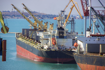 Fototapeta premium Tugboat assisting container cargo ship to harbor quayside.