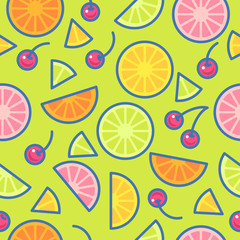 Seamless pattern. Pieces of oranges, limes, lemons and cherries on a blue background.