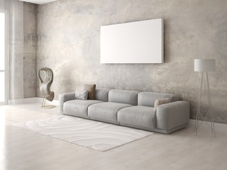 Mock up a stylish living room with an exclusive sofa and hipster background.