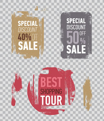 Grunge modern sale stickers. Flat sale labels. Illustration on transparent background.