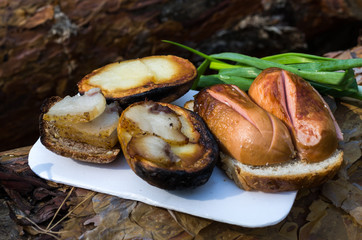 Eating in the forest. Cooking in the forest.