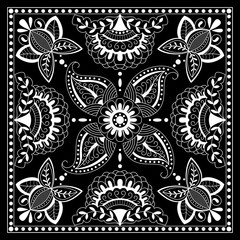 Black and white abstract bandana print with  element henna style. Square pattern design for pillow, carpet, rug. Design for silk neck scarf, kerchief, hanky