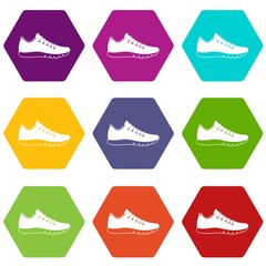 Sneakers icon set color hexahedron