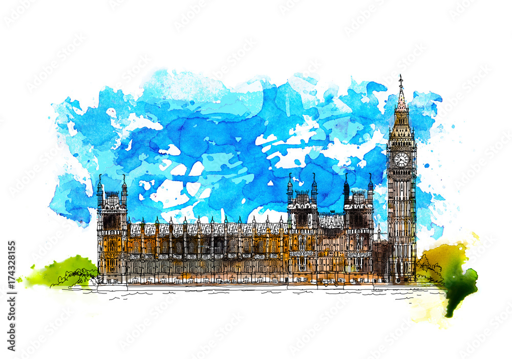 Wall mural big ben and houses of parliament, london uk. sketch with colourful water colour effects