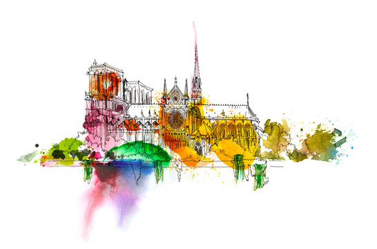 Sketch of Notre dame de Paris. Sketch with colourful water colour effects 