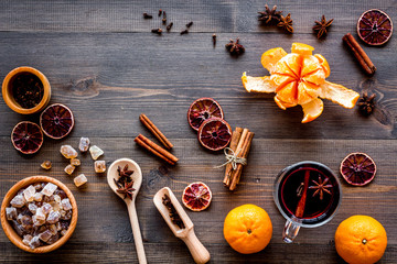 Ingredients mulled wine or grog with spices and citrus for winter evening. Christmas new year eve....
