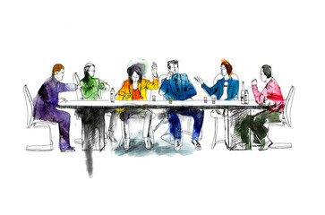 Silhouettes of successful business people working on meeting. Sketch with colourful water colour effects 