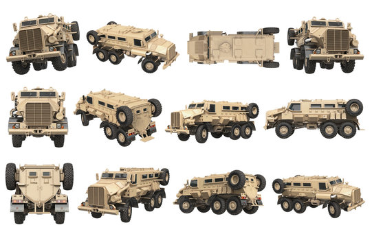 Truck military beige armored army transport set. 3D rendering