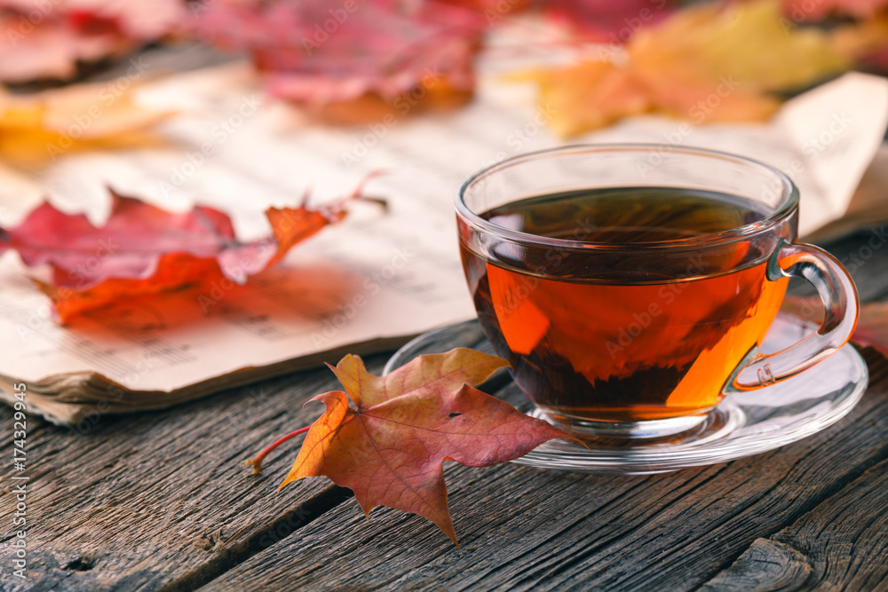 Sticker autumn maple leaves on rustic table