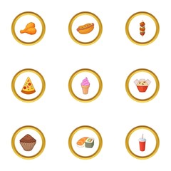 Snacks icons set, cartoon style