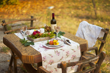 romantic feast. autumn picnic. yellow leaves. garden. ceramic tableware. flowers and fruits. Garnet. textile. wine at sunset
