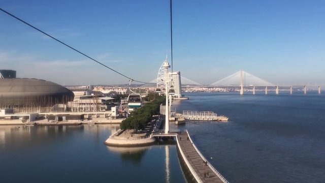 Aerial Cable Car Ride In City of Lisbon. Famous tourist attraction at Nations Park in the city of Lisbon, Portugal