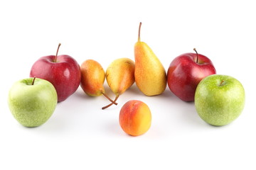 Yellow pears, peach, red and green apples on a white background isolated for designer
