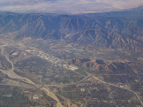 Aerial view of San Bernardino Mountains, view from window seat in an airplane