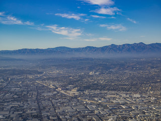 Aerial view of downtown, view from window seat in an airplane