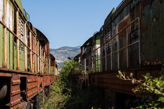 Abandoned railway train yard is a lost place in the country side of Albania