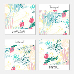 Fototapeta na wymiar Hand drawn creative invitation greeting cards. Invitation party card template. Set of 4 isolated on layer. Abstract creative universal doodles. Roughly brushed floral motifs. Vector illustration.