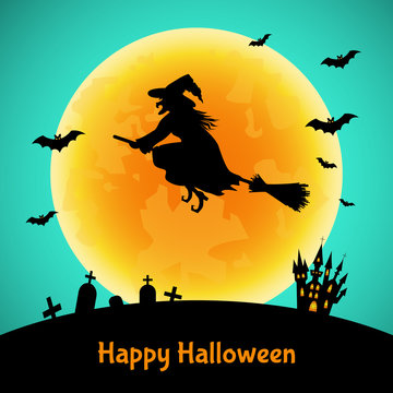 Halloween background   with  witch,  silhouette,  castle  and moon.