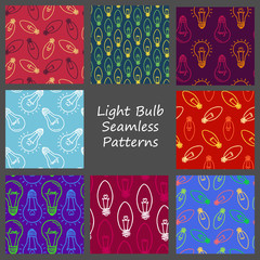 Fototapeta premium Hand drawn seamless pattern with light bulb, heart. Light bulb lamp icon.