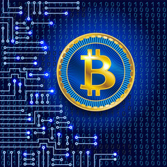 Coin bitcoin on binary code background and electronic circuit