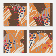 Hand drawn creative invitation greeting cards. Invitation party card template. Set of 4 isolated on layer. Abstract creative universal doodles. Roughly brushed floral motifs. Vector illustration.