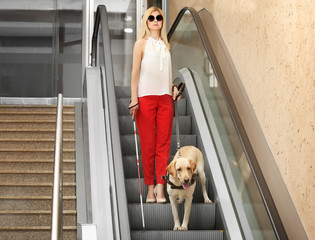 Blind woman with guide dog on escalator