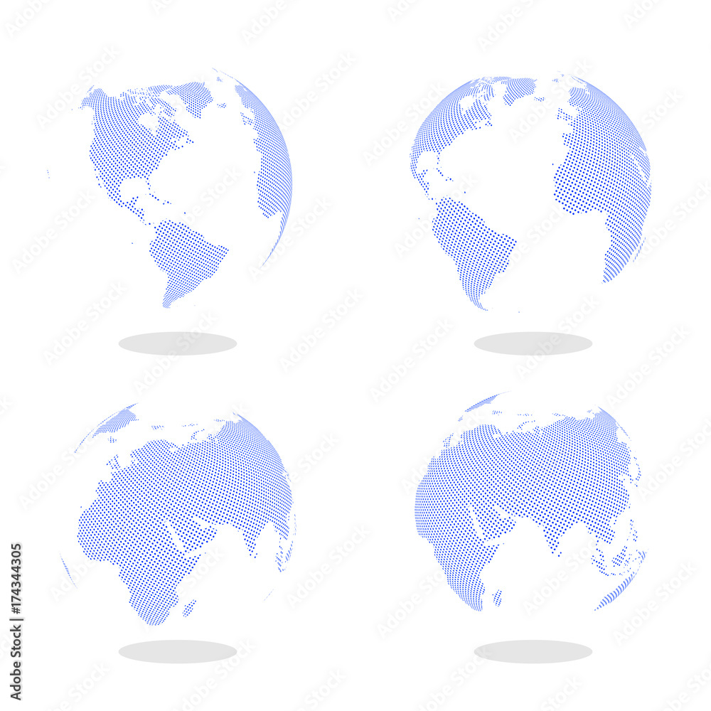 Sticker abstract set of globes with dotted map. color vector illustration.
