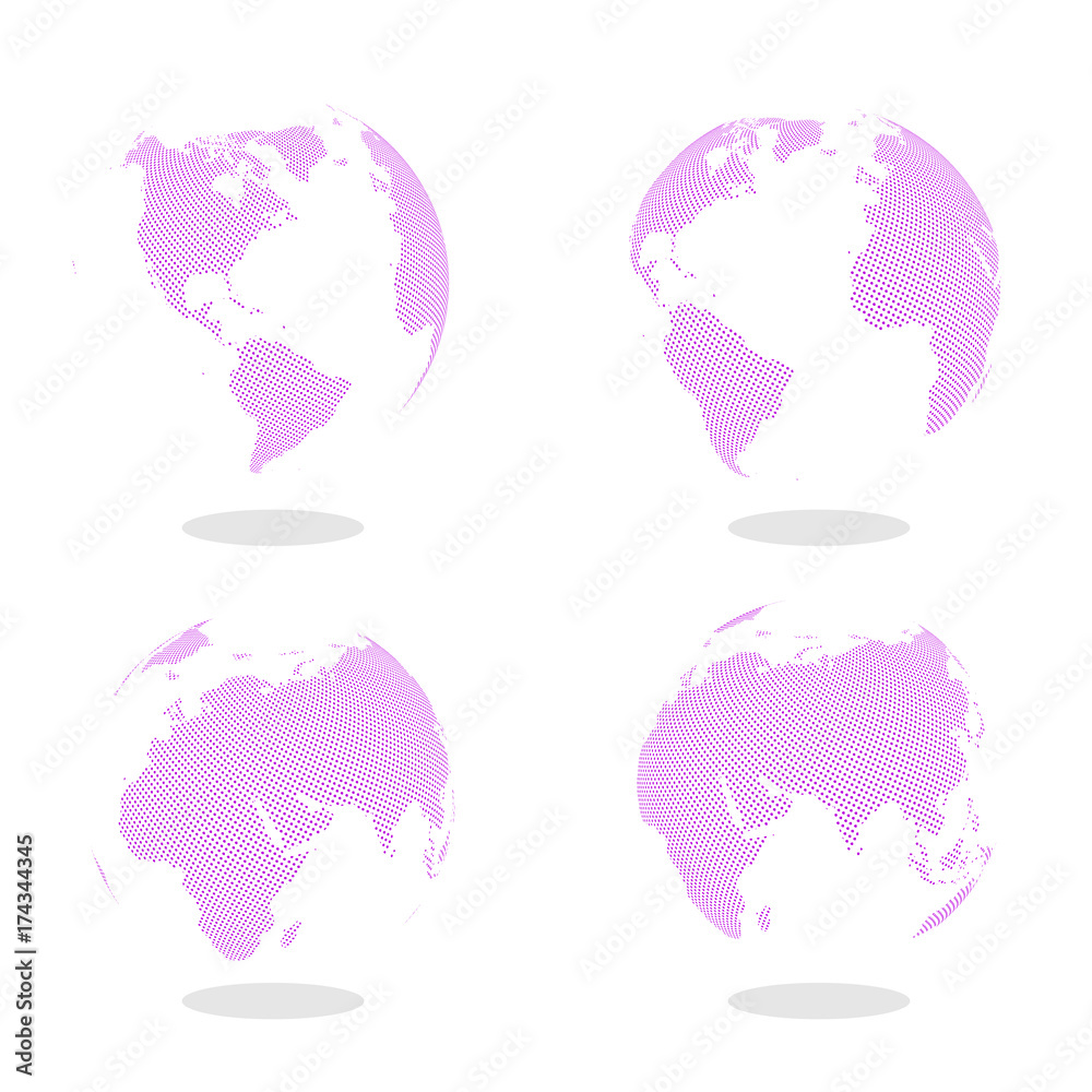 Sticker abstract set of globes with dotted map. color vector illustration.