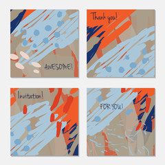 Hand drawn creative invitation greeting cards. Invitation party card template. Set of 4 isolated on layer. Abstract creative universal doodles. Roughly brushed floral motifs. Vector illustration.