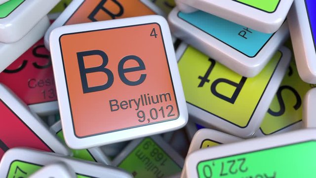 Beryllium block on the pile of periodic table of the chemical elements blocks. Chemistry related intro animation