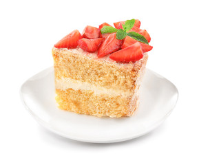 Plate with piece of yummy strawberry cake, isolated on white