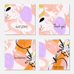 Hand drawn creative invitation greeting cards. Invitation party card template. Set of 4 isolated on layer. Abstract creative universal doodles. Roughly brushed floral motifs. Vector illustration.