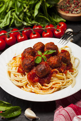 Spaghetti pasta with meatballs and tomato sauce