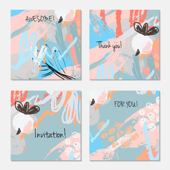 Hand drawn creative invitation greeting cards. Invitation party card template. Set of 4 isolated on layer. Abstract creative universal doodles. Roughly brushed floral motifs. Vector illustration.