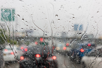Blur city life through windshield : Drops of rain on car's mirror