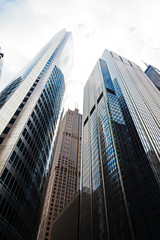 Low angle view of towering skyscrapers in downtown Chicago