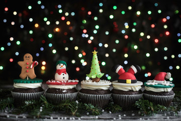 Chocolate sweet cupcakes with Christmas decoration,selective focus